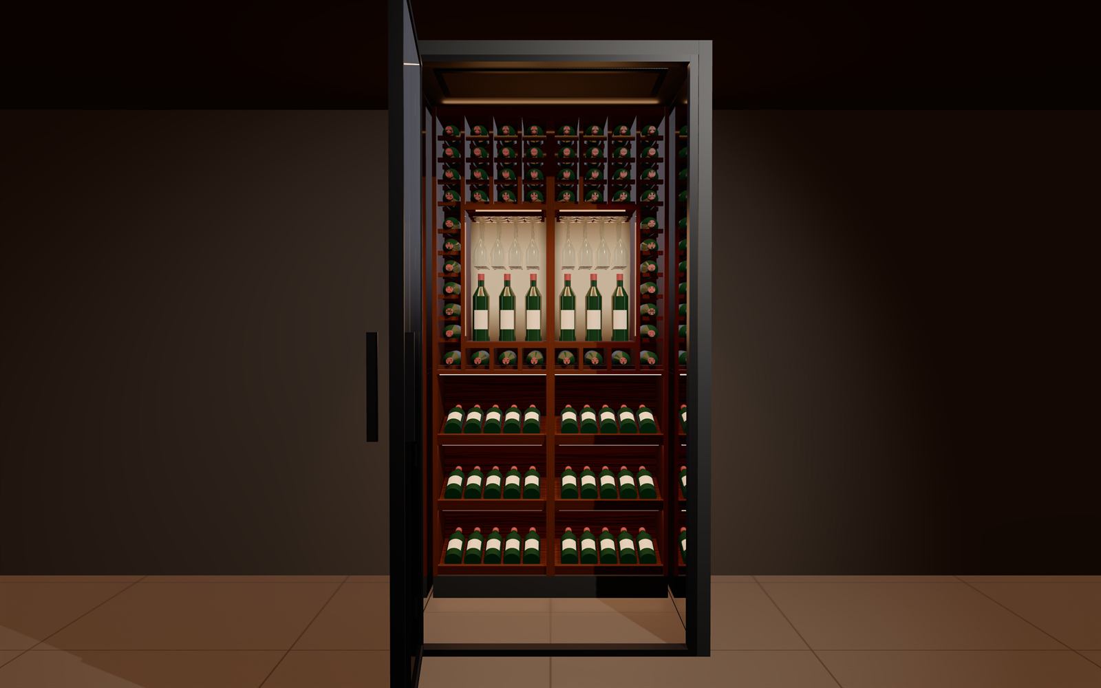 VV-1200 with its glass door open, showing the full walnut bay