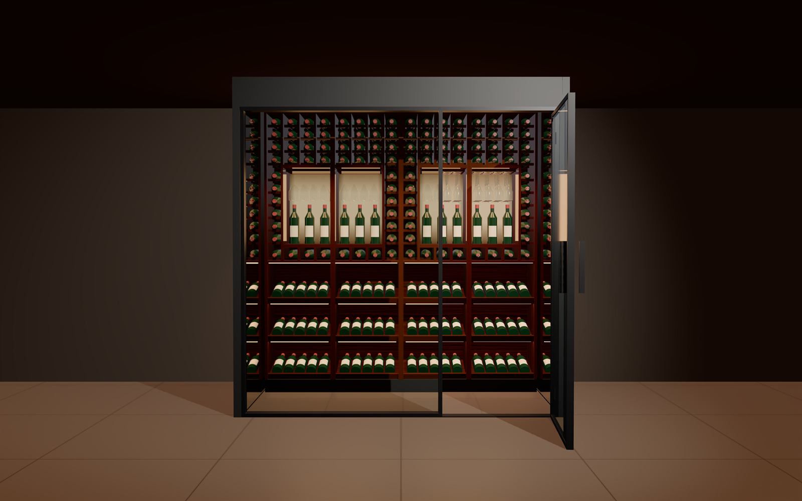 A VV-2270 with its glass door open, showing walnut racking, display niches and hanging stemware