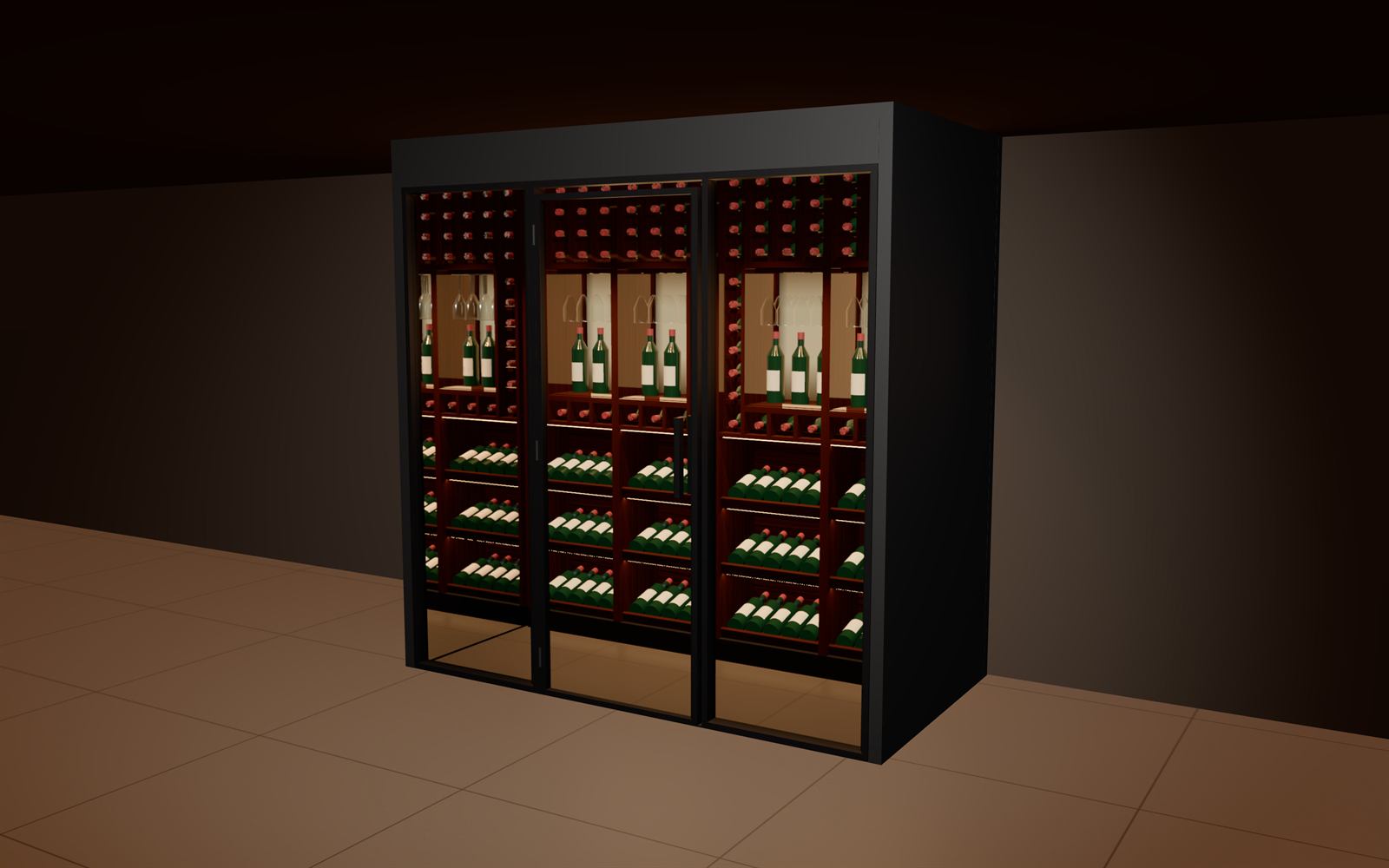 VV-2270: a two-bay wine room with a glass door between two glass windows