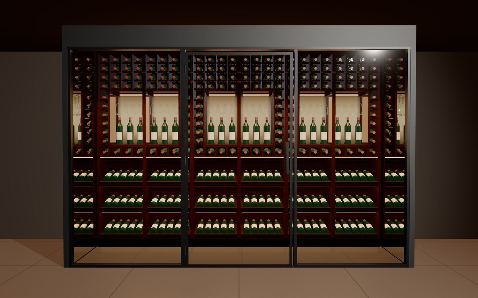 VV-3340: a three-bay wine room with glass, door and glass in equal thirds