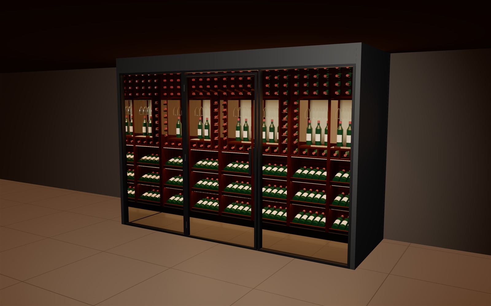 Vintage Vault VV-3340: a three-bay walk-in wine room with glass, door and glass in equal panels and lit walnut racking