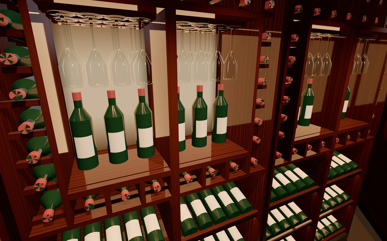 Inside a Vintage Vault: walnut racking with lit display niches, standing bottles and hanging wine glasses