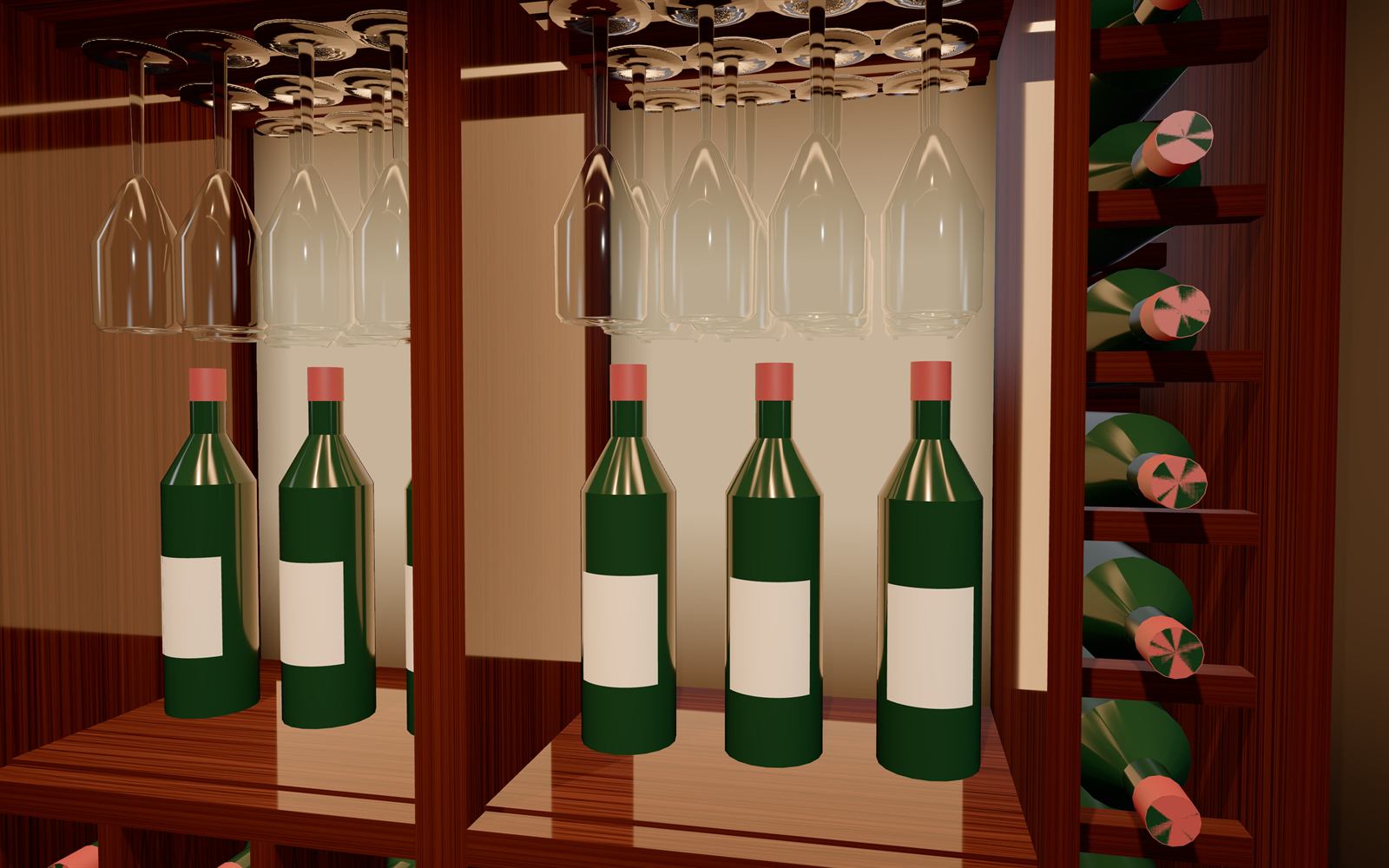 Close-up of a display niche with three standing bottles beneath a row of hanging glasses