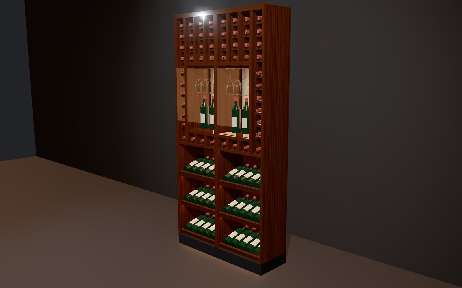 The Vintage Vault walnut racking bay: tilted display shelves at the bottom, backlit niches with stemware in the middle, bottle cells above